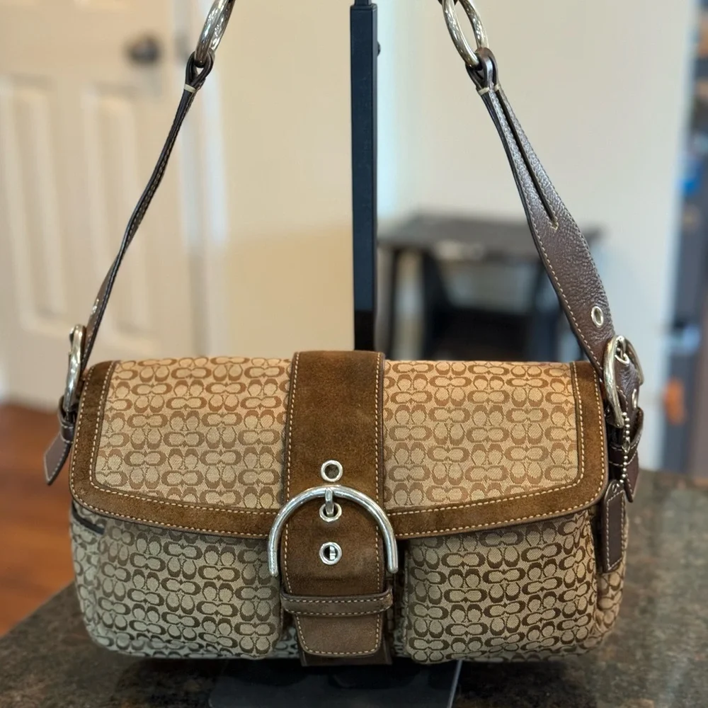 Brown Signature SoHo Flap Double Pocket  mini C Jacquard and Suede Bag